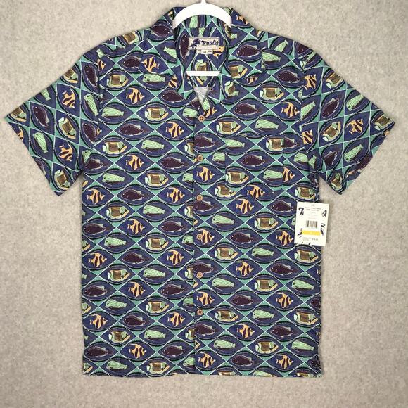 Trunks Surf Swim Co Shirt Mens Small Blue Button Beach Fish Waikiki‎ NWT $78 - Picture 1 of 10